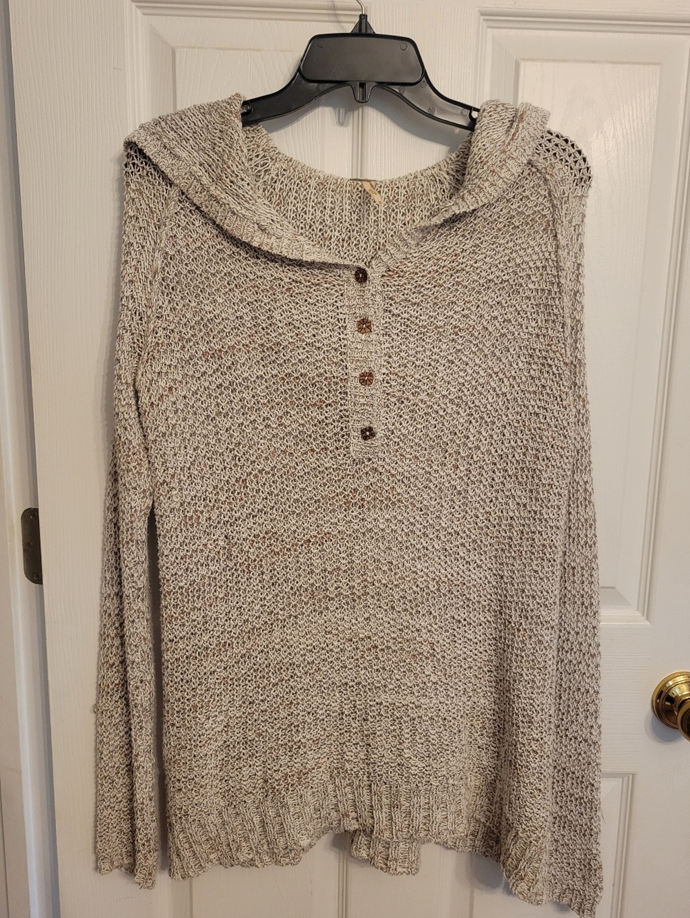 Free People Beige Taupe Marled Hooded Button-Front Sweater